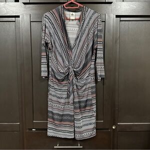 S-Twelve Multicolor Print Faux Wrap Ruched 3/4 Sleeve MIDI Dress L aztec/folk